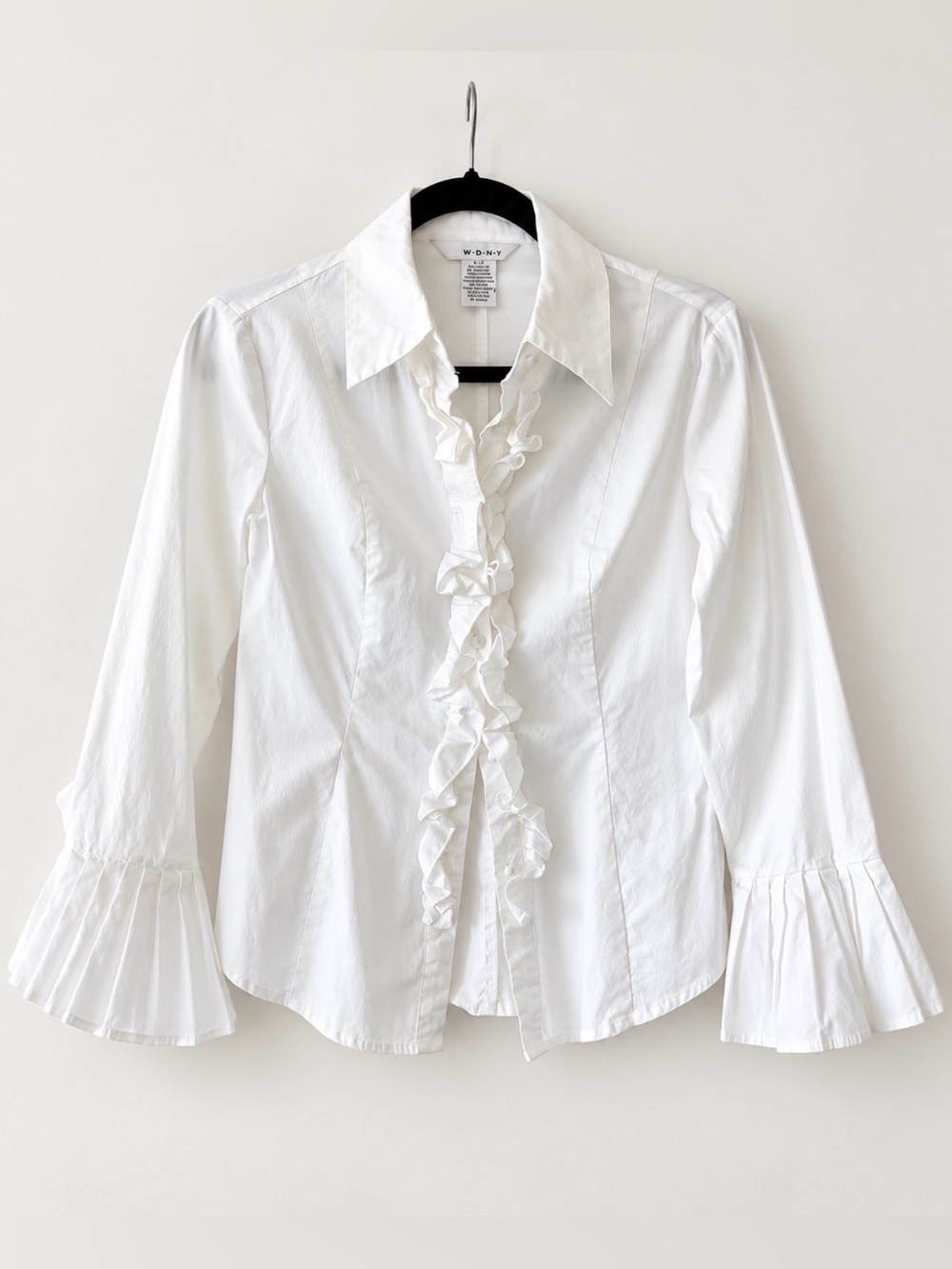 WD•NY White Ruffle Button Down Blouse Pleated Bell Cuff Shirt Small